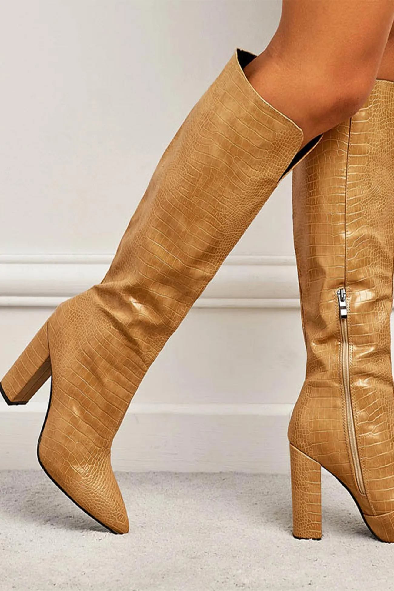 Amozae-Solid Color Pointed-Toe Knee High Boots
