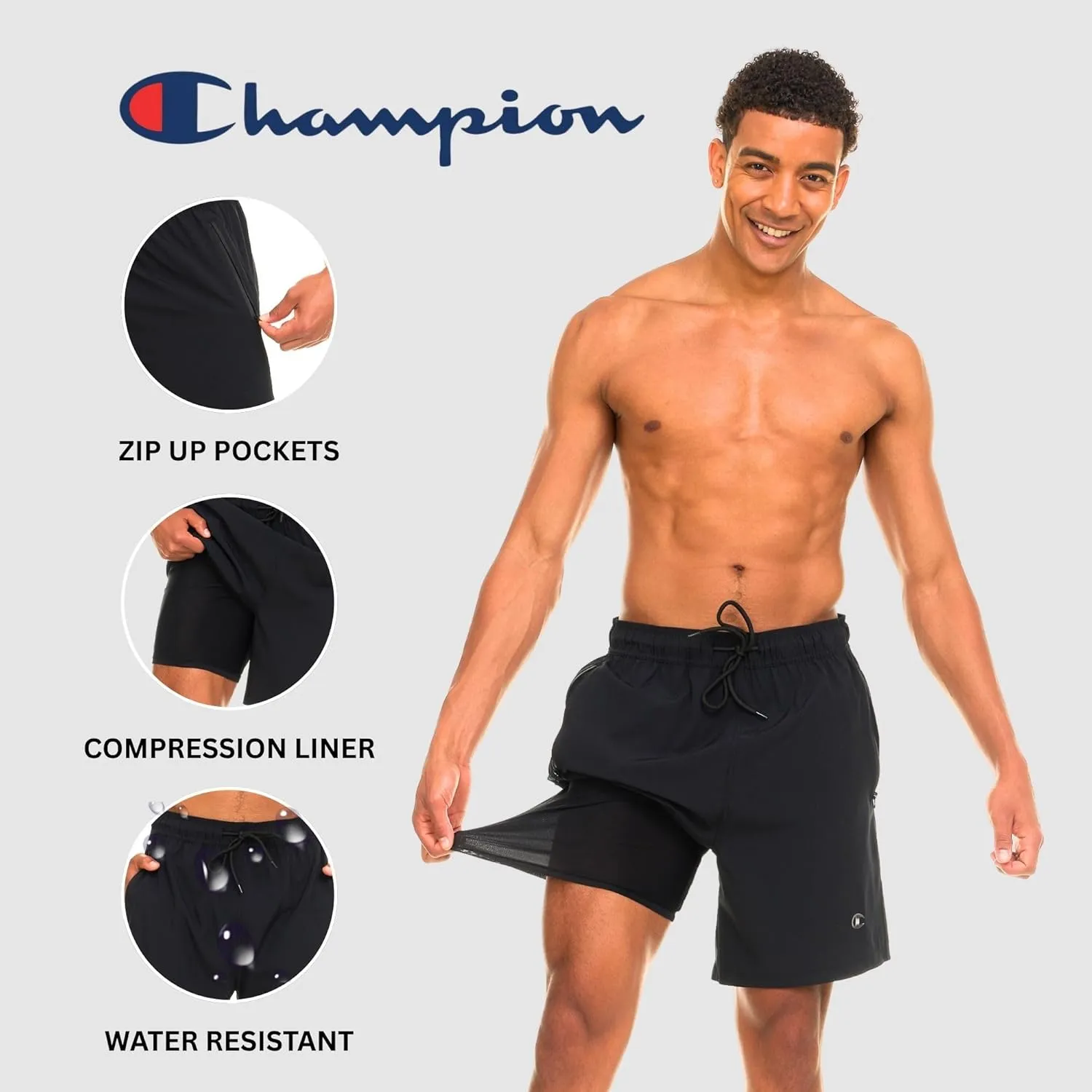 Champion Mens Swim Trunks with Compression Liner, 2 in 1 Mens Bathing Suit Shorts, 7 Inch Inseam Board Shorts for Swimming