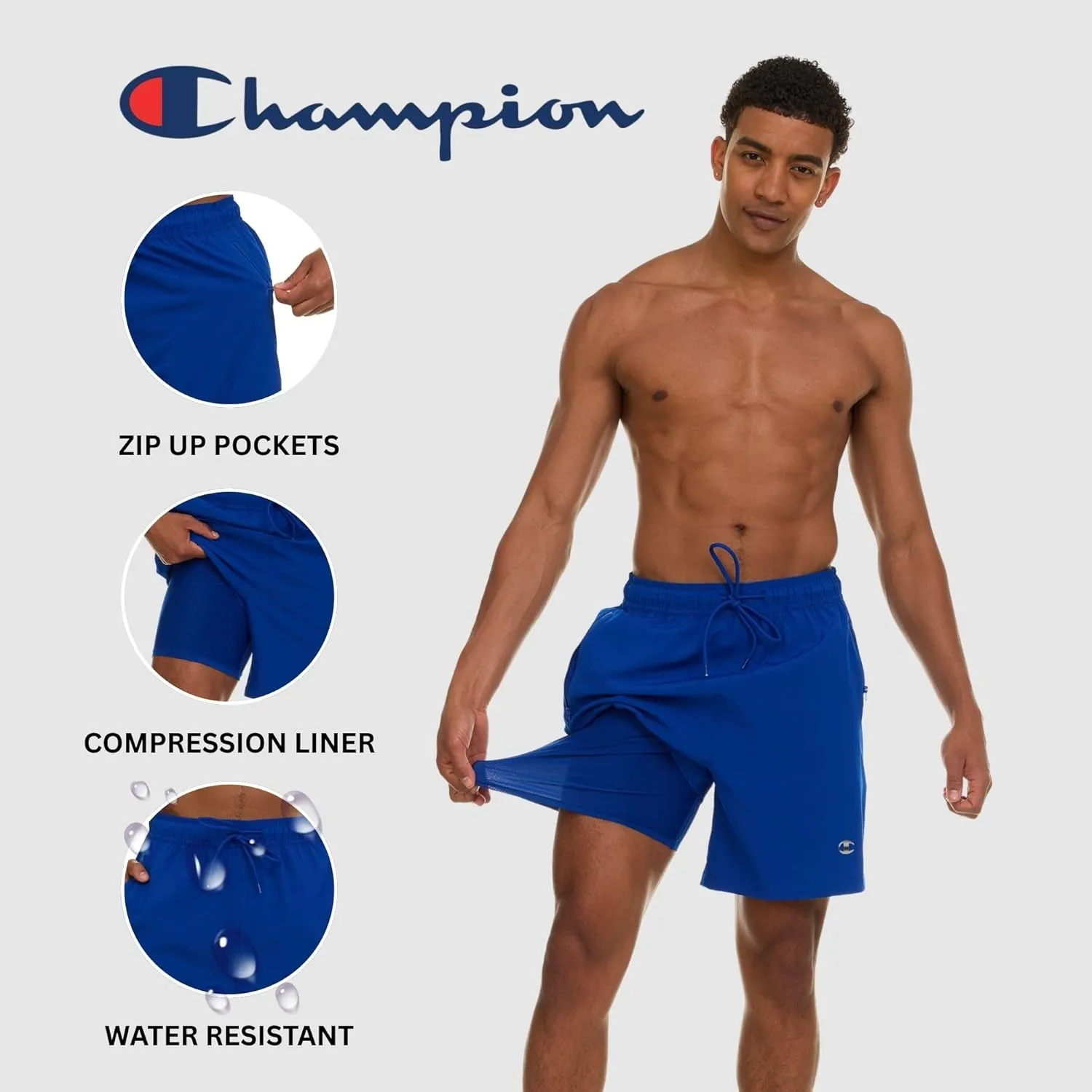 Champion Mens Swim Trunks with Compression Liner, 2 in 1 Mens Bathing Suit Shorts, 7 Inch Inseam Board Shorts for Swimming