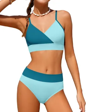Girls Swimsuit V Neck Bikini Set Color Block with Cover Up 3Pcs Bathing Suits