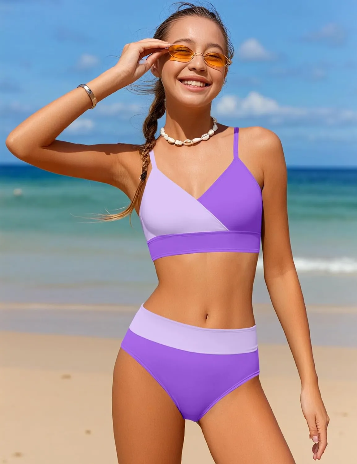 Girls Swimsuit V Neck Bikini Set Color Block with Cover Up 3Pcs Bathing Suits