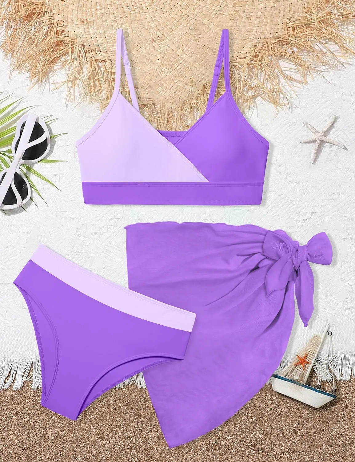Girls Swimsuit V Neck Bikini Set Color Block with Cover Up 3Pcs Bathing Suits