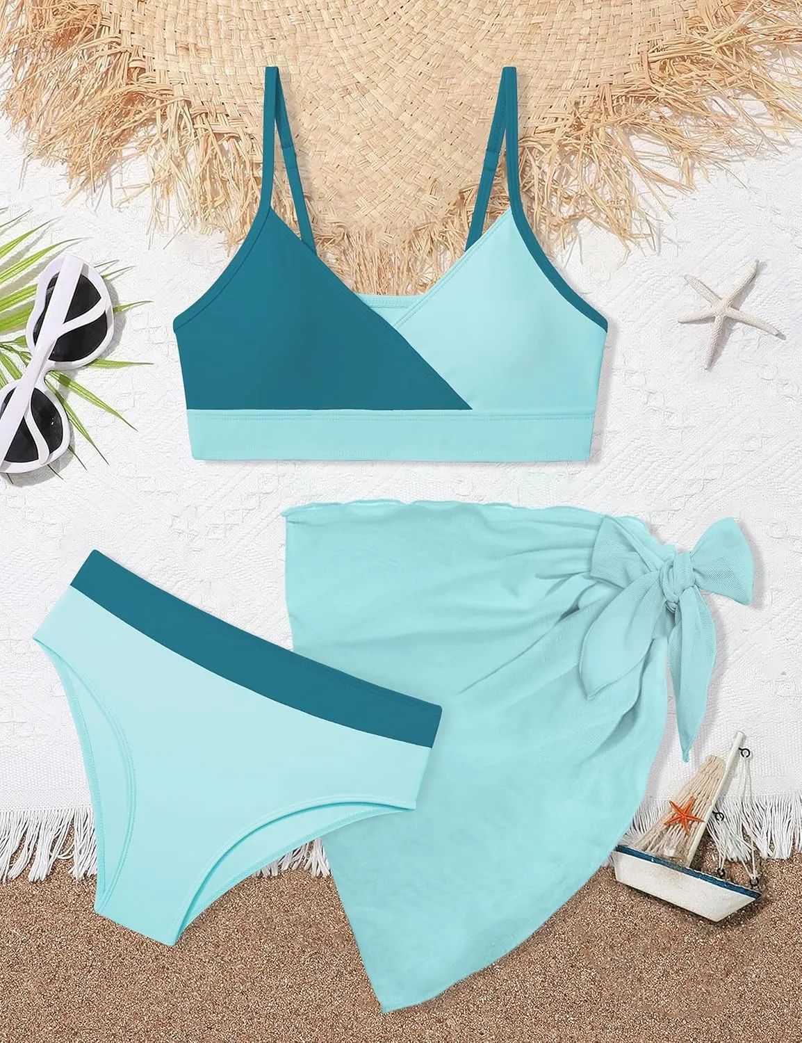 Girls Swimsuit V Neck Bikini Set Color Block with Cover Up 3Pcs Bathing Suits