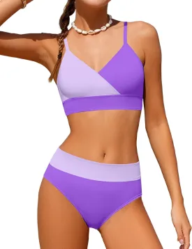 Girls Swimsuit V Neck Bikini Set Color Block with Cover Up 3Pcs Bathing Suits