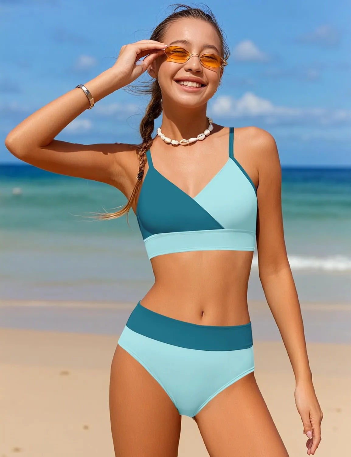 Girls Swimsuit V Neck Bikini Set Color Block with Cover Up 3Pcs Bathing Suits