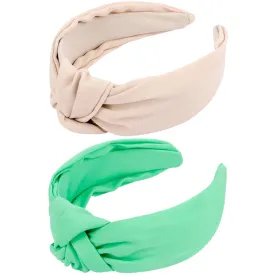 VELSCRUN Green Beige Wide Knotted Headbands for Women Girls Hair 2 Pack Satin Solid Simple Women Fashion Headband Non Slip Head Bands Elastic Hair Band Womens Sisters Hair Accessories