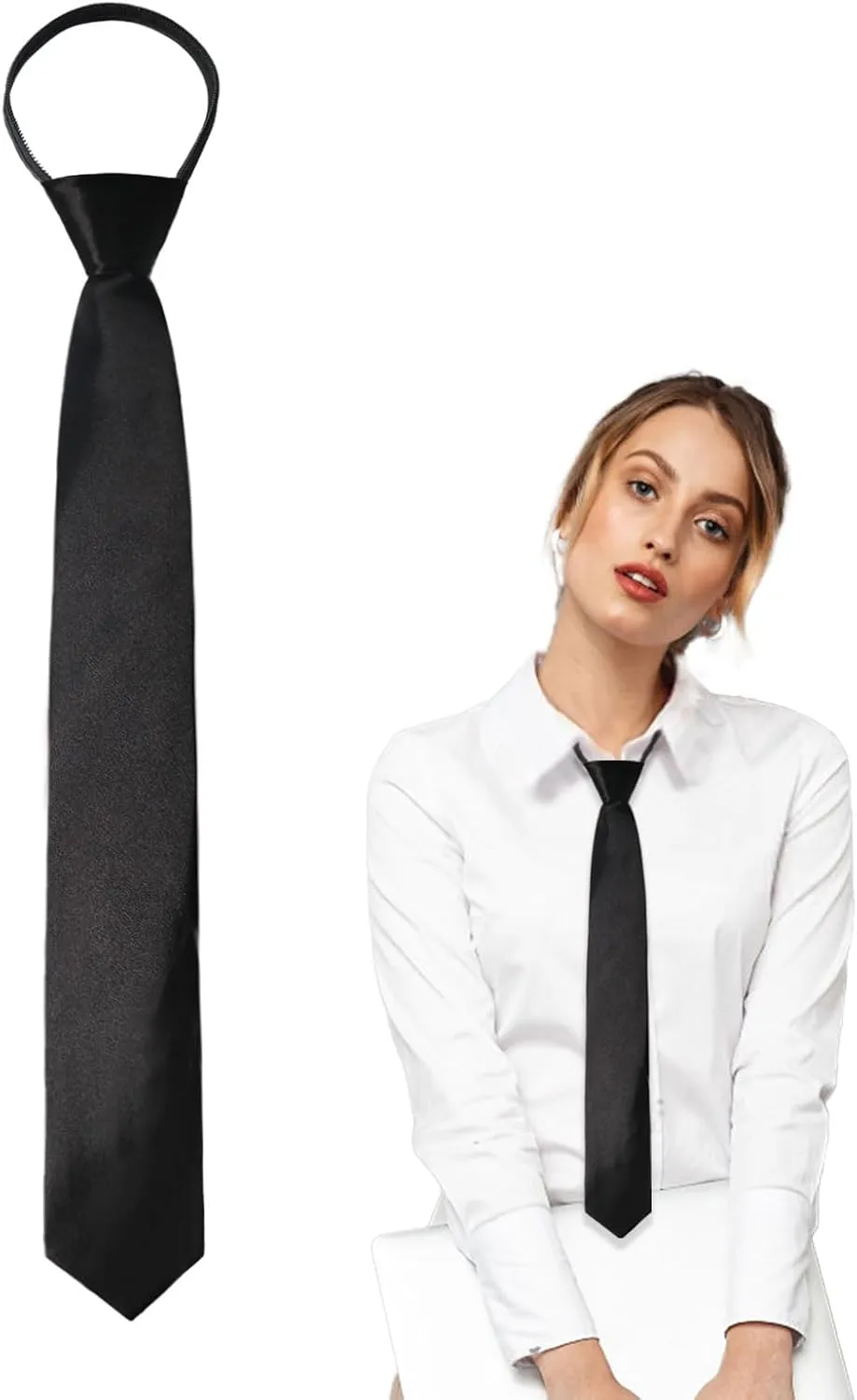 Womens Tie, Pre Tied Black/Red Ties for Women Adjustable Zipper Womens Necktie