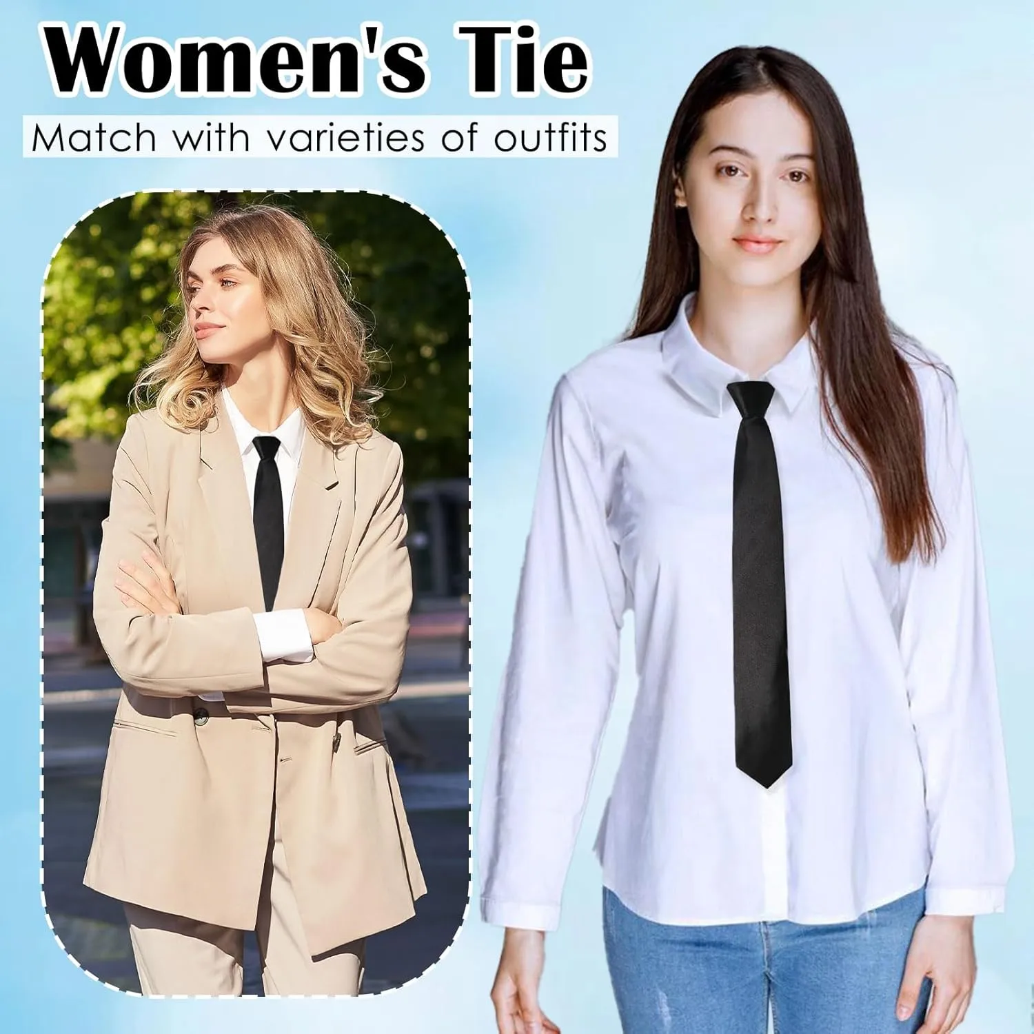 Womens Tie, Pre Tied Black/Red Ties for Women Adjustable Zipper Womens Necktie